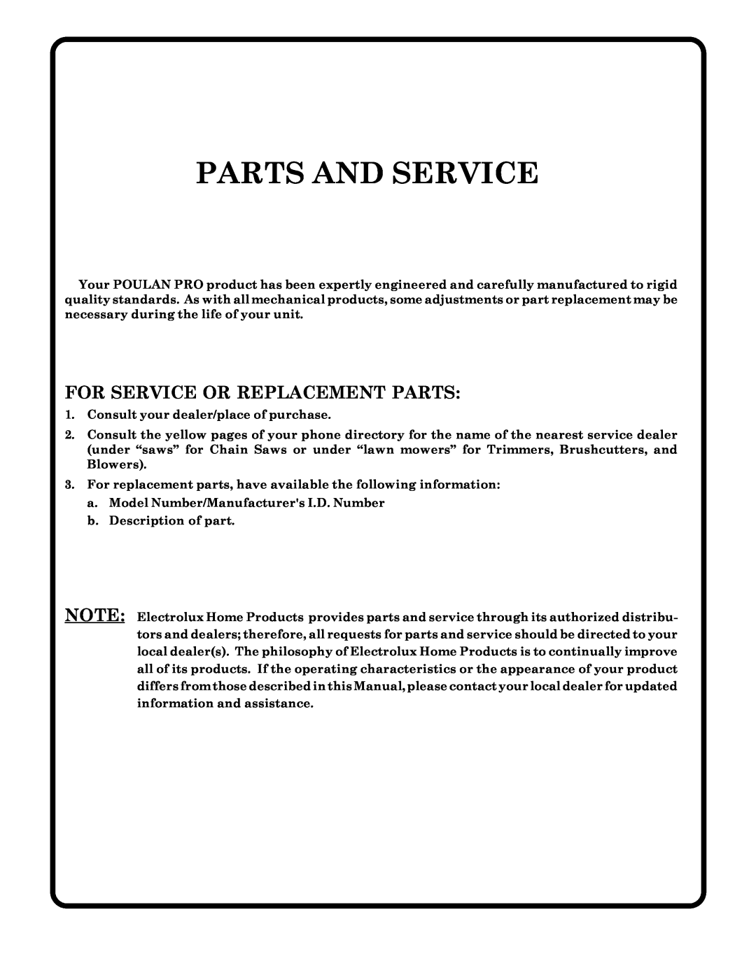 Poulan PRGT22H50C owner manual Parts And Service, For Service Or Replacement Parts 