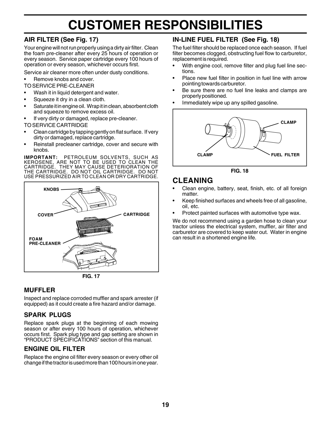 Poulan PRGT22H50D owner manual Cleaning, Muffler, Spark Plugs, Engine OIL Filter 