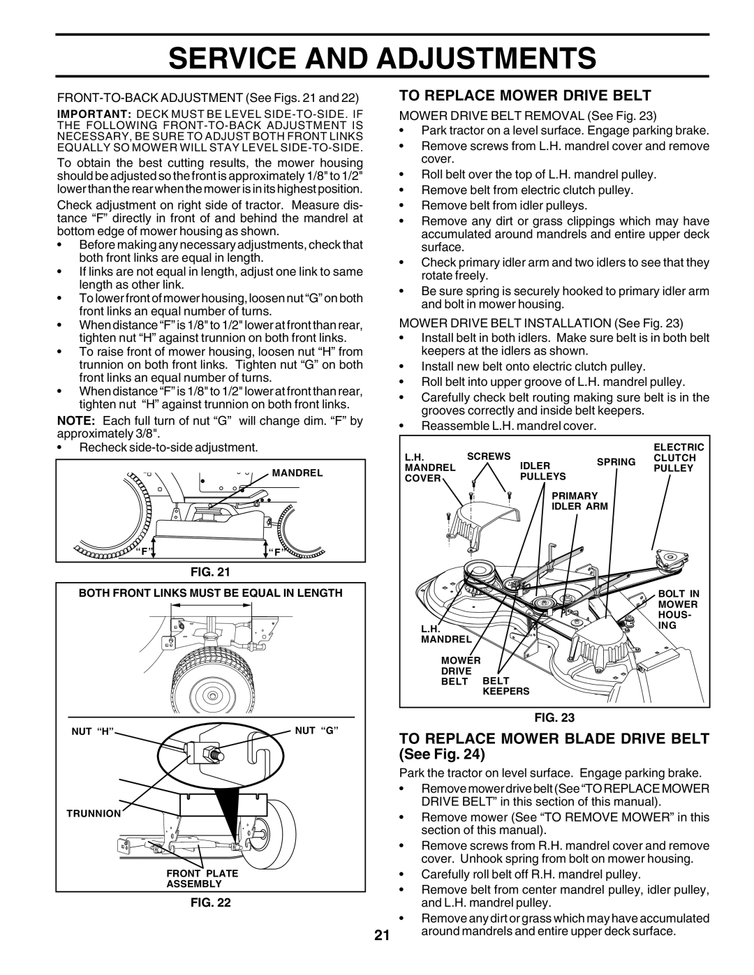 Poulan PRGT22H50D owner manual To Replace Mower Drive Belt, To Replace Mower Blade Drive Belt See Fig 