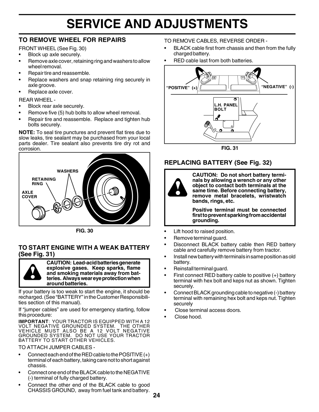 Poulan PRGT22H50D To Remove Wheel for Repairs, To Start Engine with a Weak Battery See Fig, Replacing Battery See Fig 