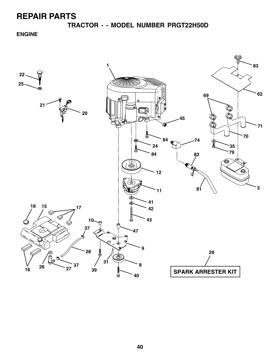 Poulan PRGT22H50D owner manual Engine, Spark Arrester KIT 