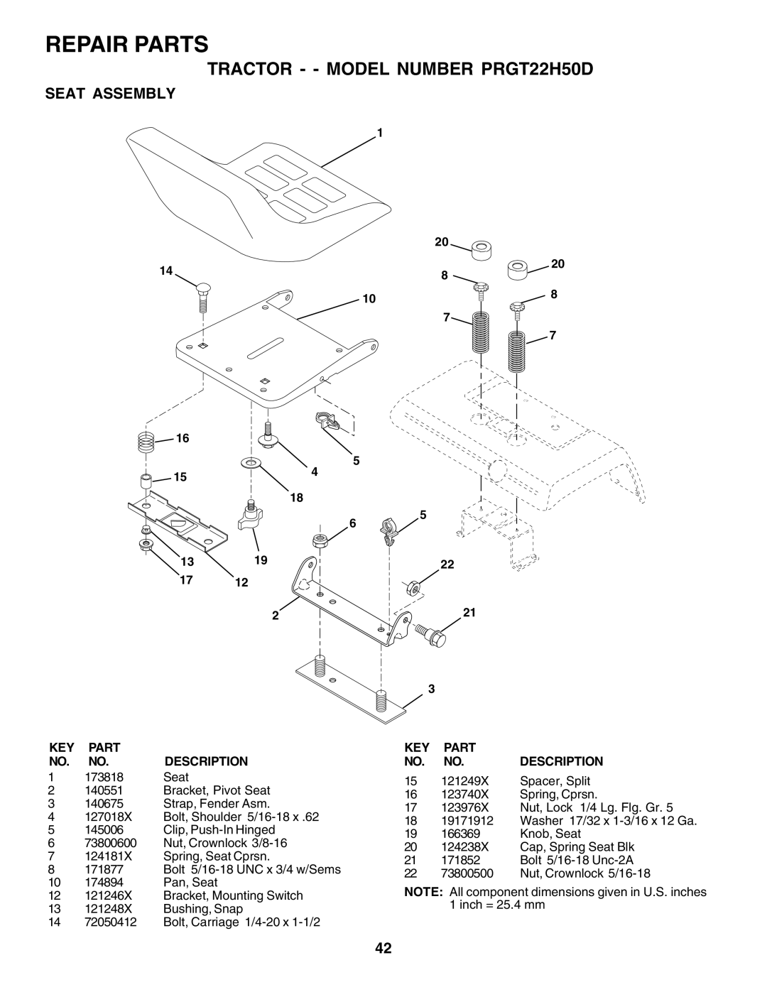 Poulan PRGT22H50D owner manual Seat Assembly 