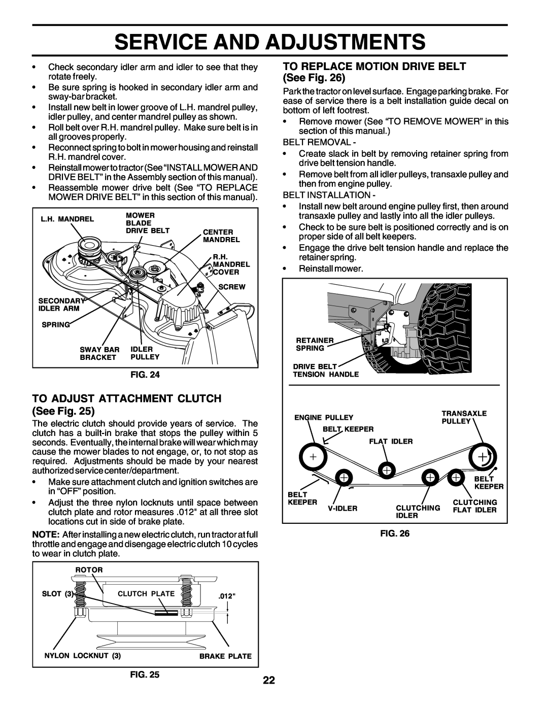 Poulan PRGT22H50D Service And Adjustments, TO ADJUST ATTACHMENT CLUTCH See Fig, TO REPLACE MOTION DRIVE BELT See Fig 