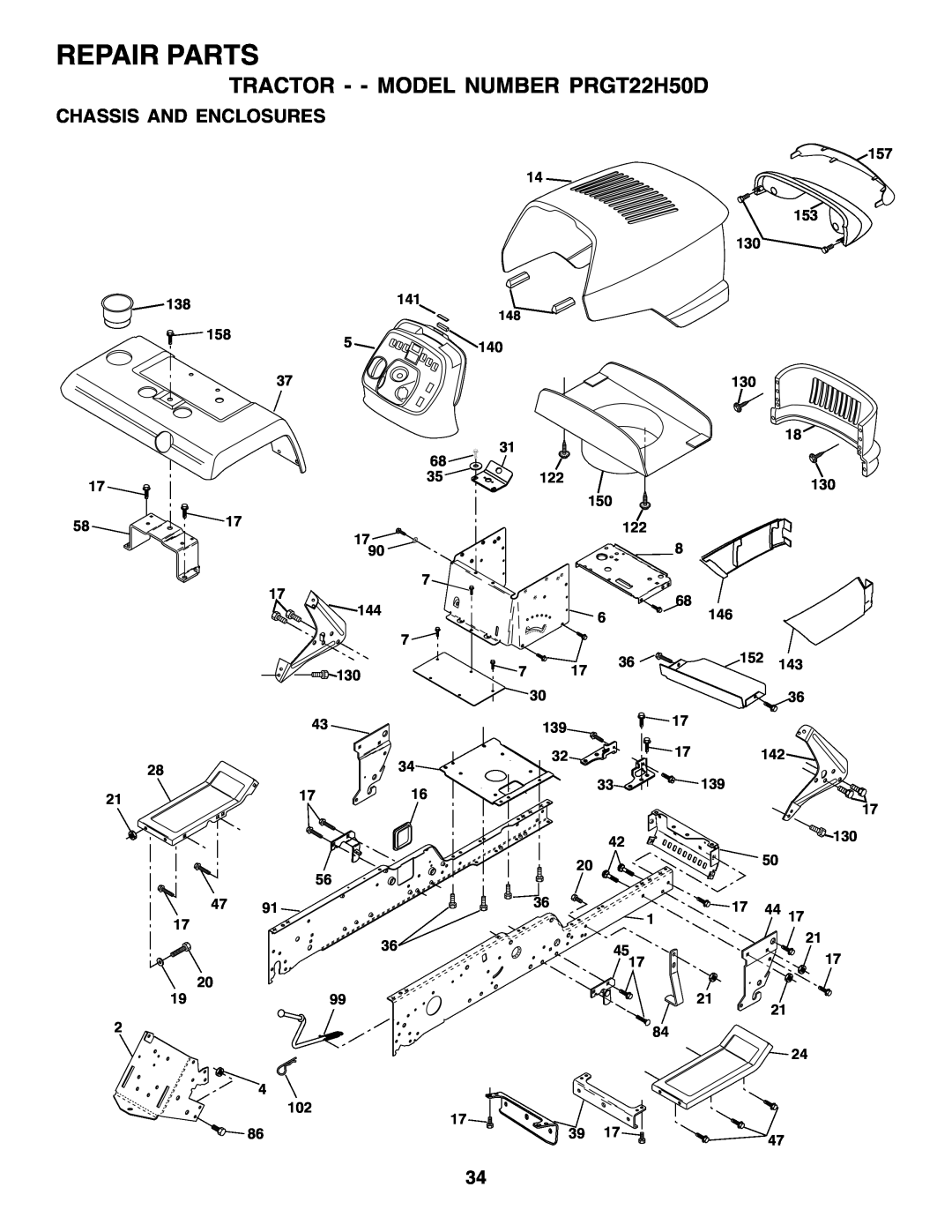 Poulan owner manual Repair Parts, TRACTOR - - MODEL NUMBER PRGT22H50D, Chassis And Enclosures 