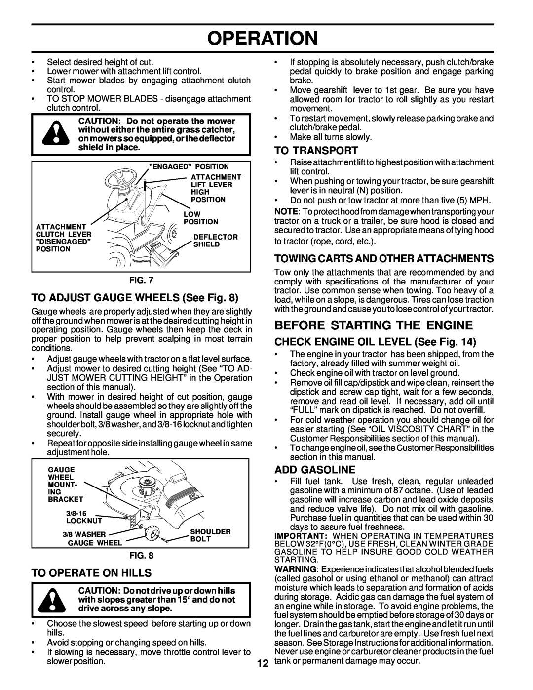 Poulan PRK17G42STA Before Starting The Engine, TO ADJUST GAUGE WHEELS See Fig, To Transport, Add Gasoline, Operation 