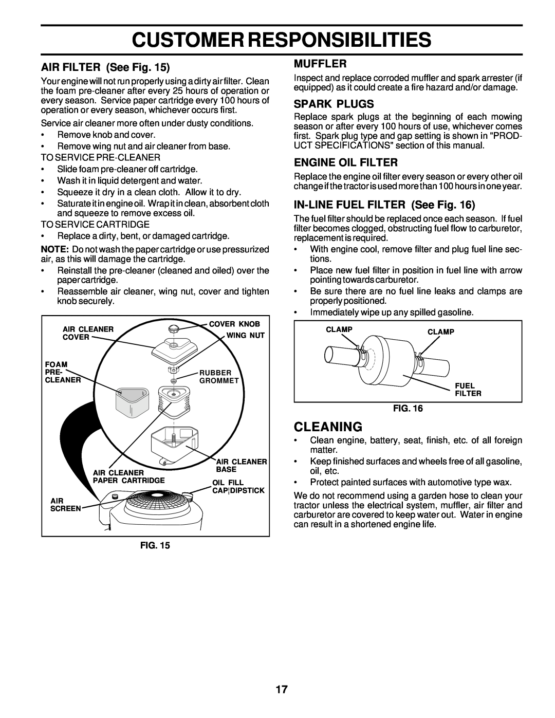 Poulan PRK17G42STA Cleaning, AIR FILTER See Fig, Muffler, Spark Plugs, Engine Oil Filter, IN-LINE FUEL FILTER See Fig 