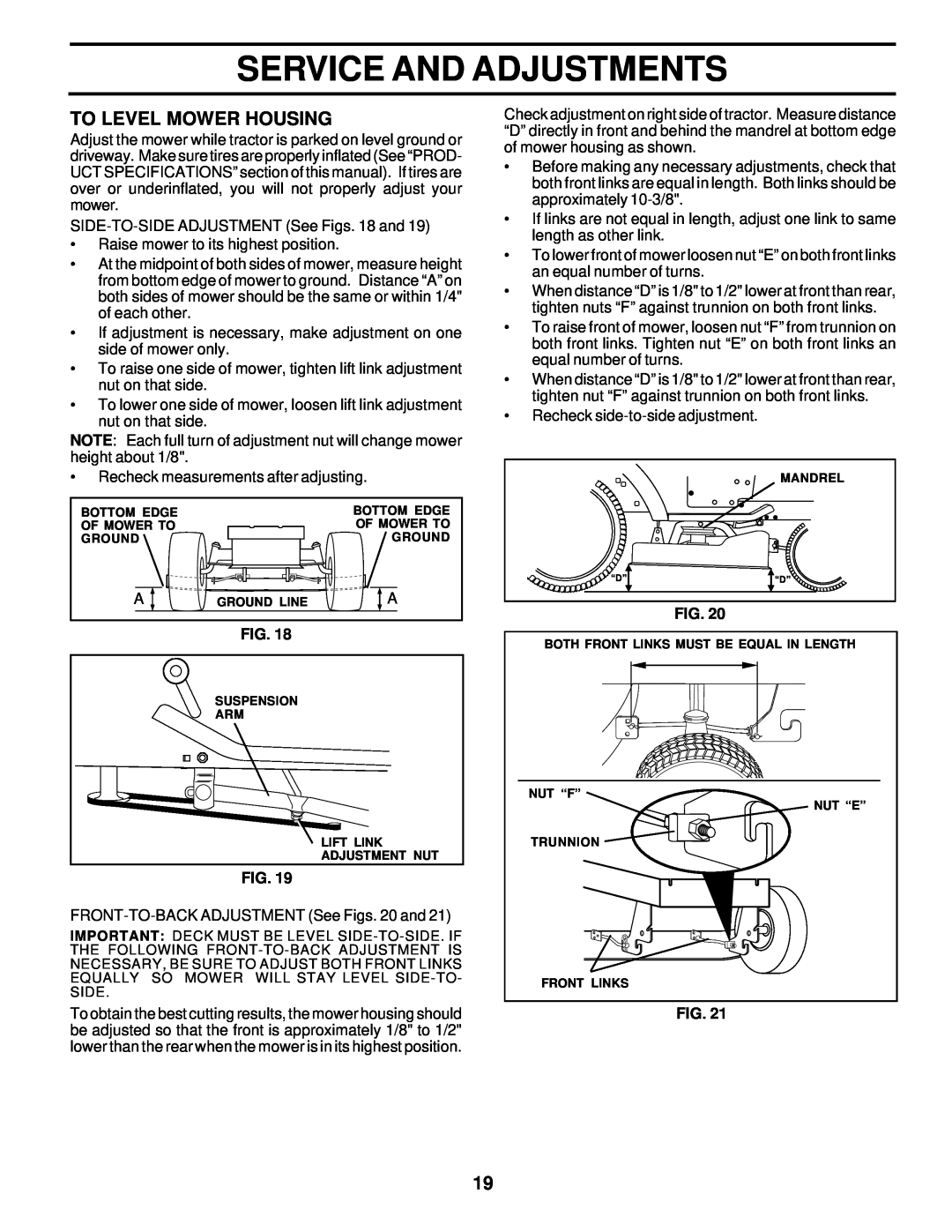 Poulan PRK17G42STA owner manual To Level Mower Housing, Service And Adjustments 
