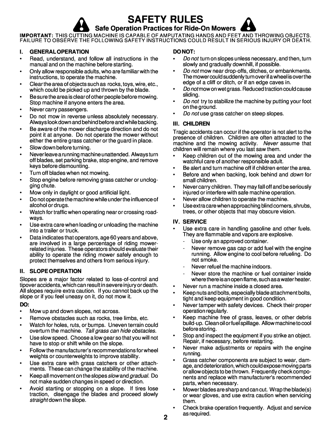 Poulan PRK17G42STA owner manual Safety Rules, Safe Operation Practices for Ride-On Mowers 