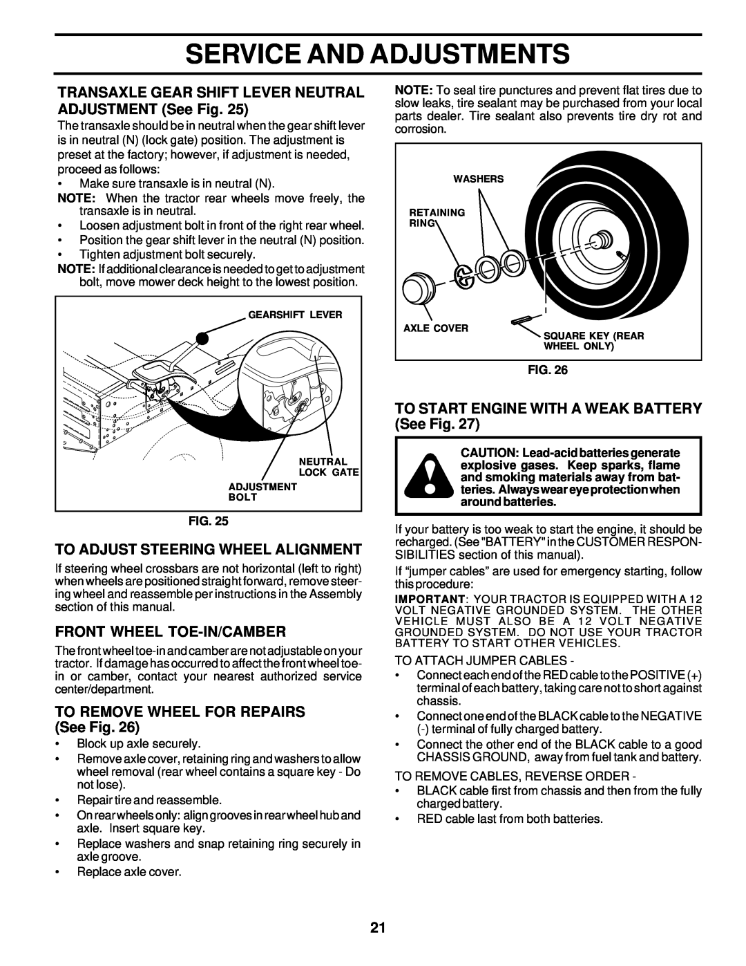 Poulan PRK17G42STA owner manual TRANSAXLE GEAR SHIFT LEVER NEUTRAL ADJUSTMENT See Fig, To Adjust Steering Wheel Alignment 