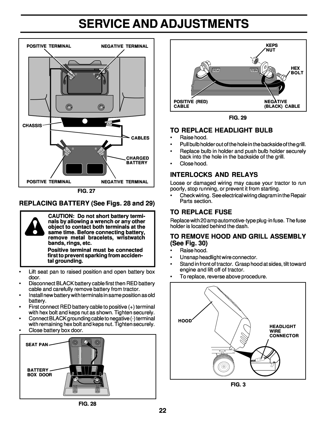 Poulan PRK17G42STA REPLACING BATTERY See Figs. 28 and, To Replace Headlight Bulb, Interlocks And Relays, To Replace Fuse 