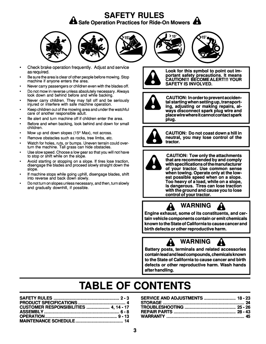 Poulan PRK17G42STA owner manual Table Of Contents, Safety Rules, Safe Operation Practices for Ride-On Mowers 