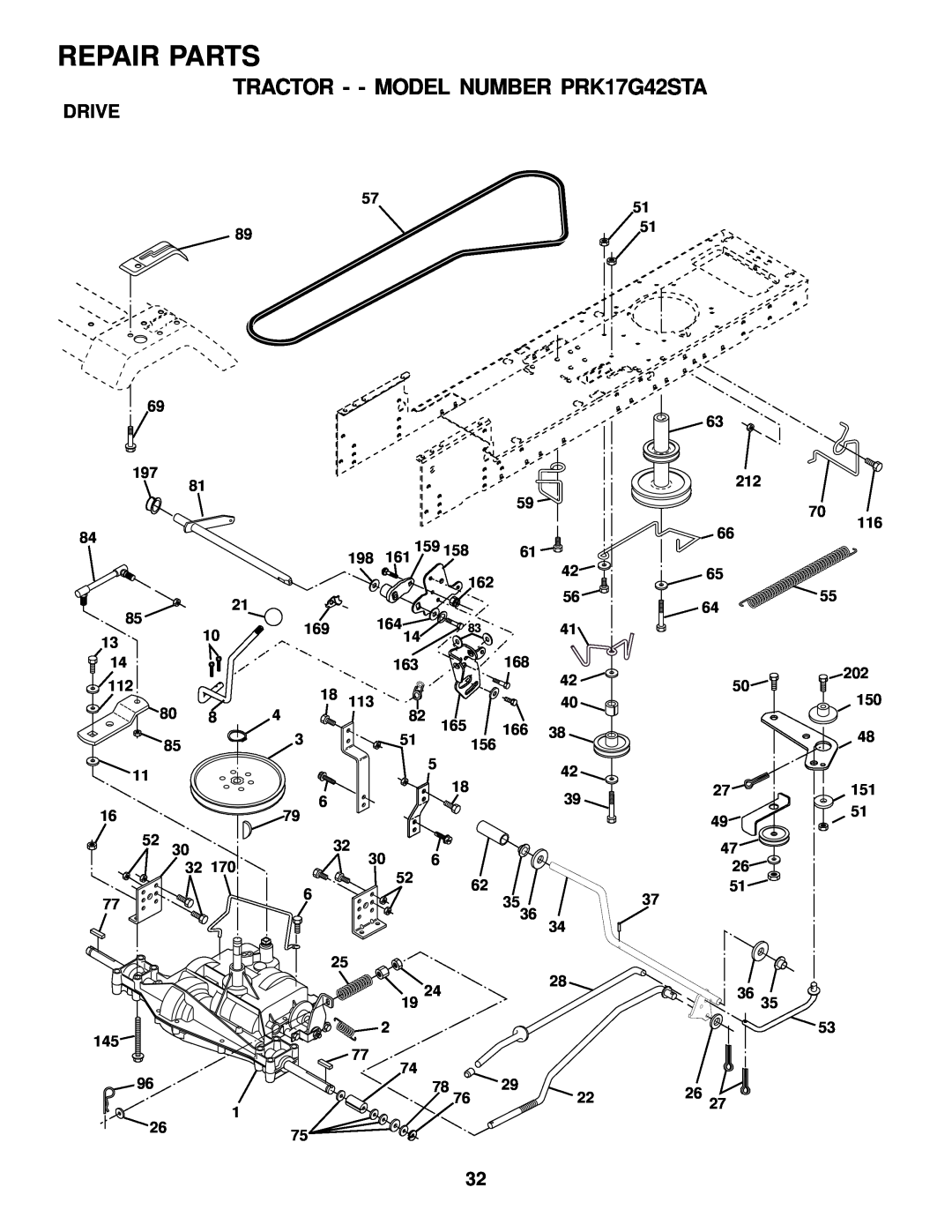 Poulan owner manual Drive, Repair Parts, TRACTOR - - MODEL NUMBER PRK17G42STA 