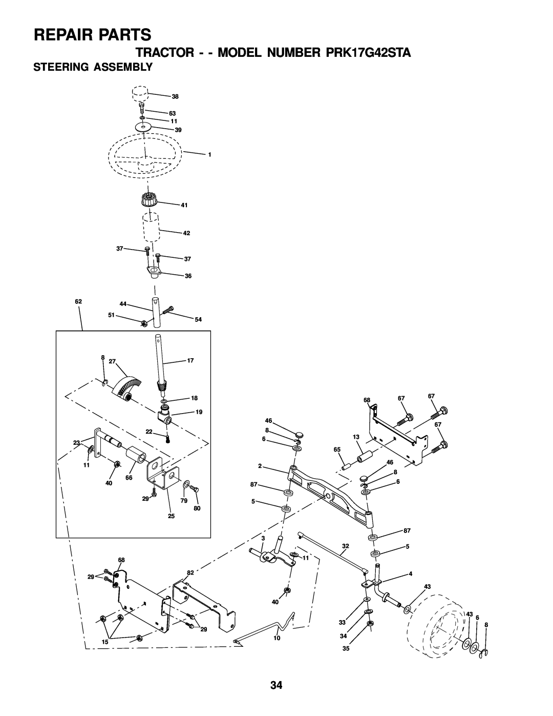 Poulan owner manual Steering Assembly, Repair Parts, TRACTOR - - MODEL NUMBER PRK17G42STA 
