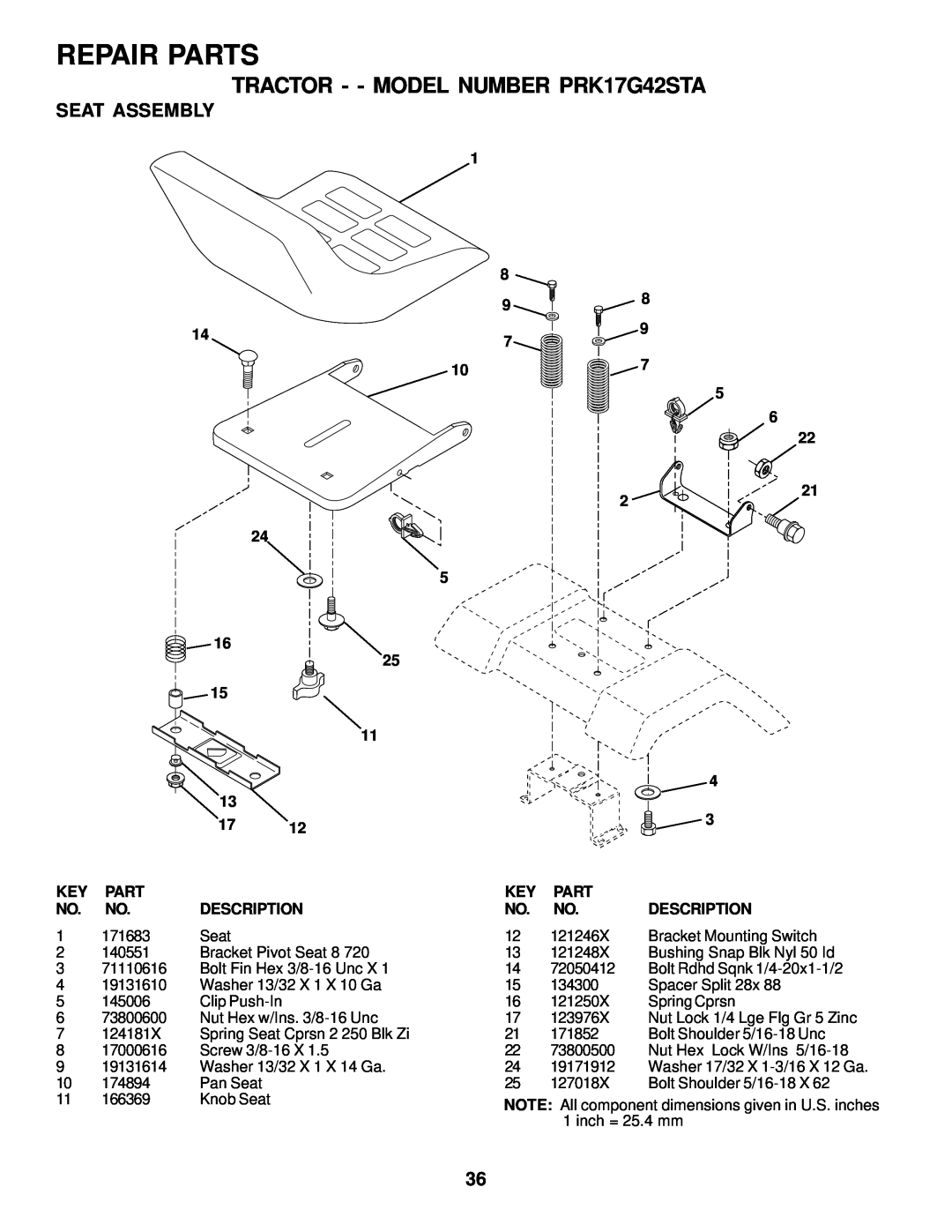 Poulan owner manual Seat Assembly, Repair Parts, TRACTOR - - MODEL NUMBER PRK17G42STA 