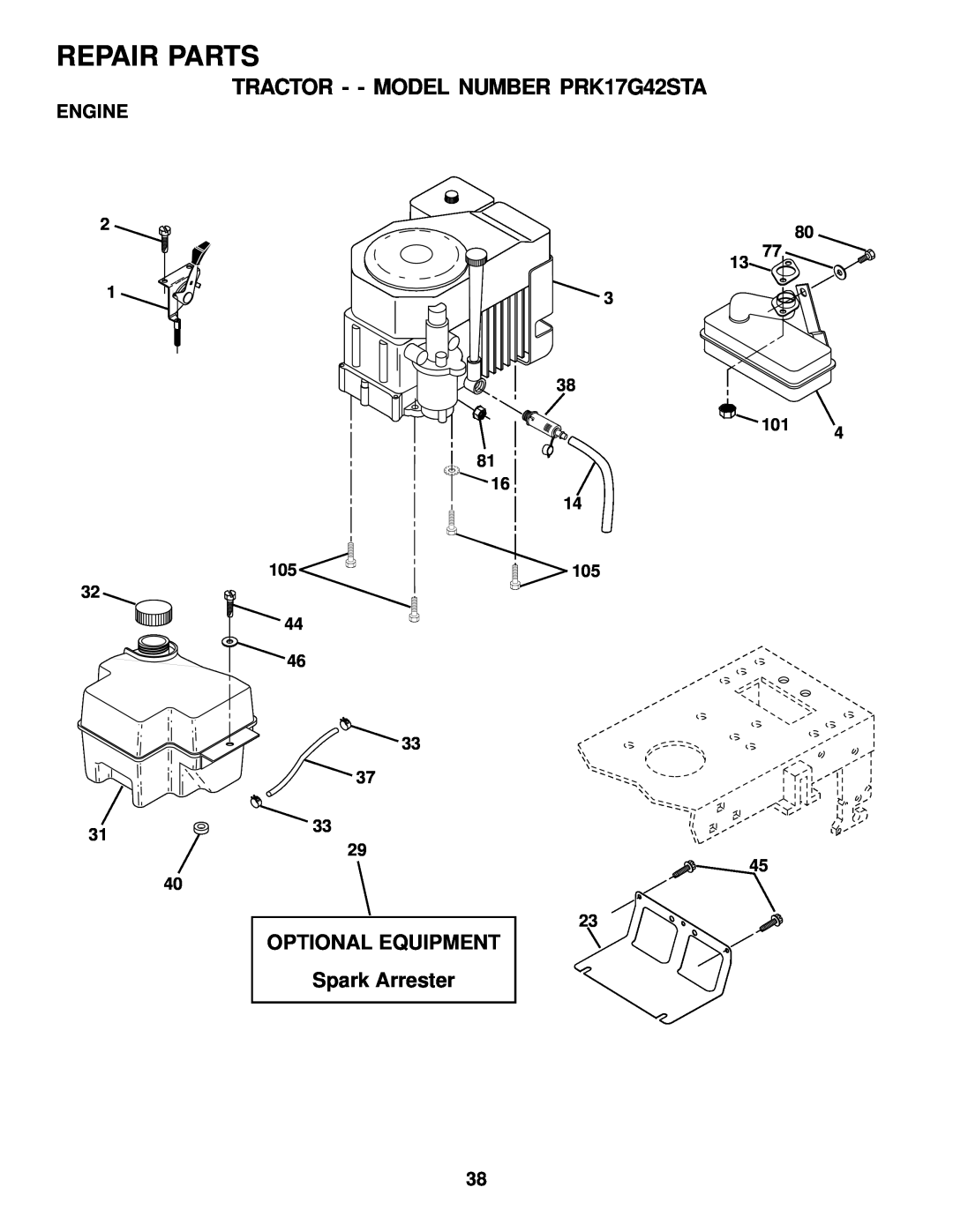 Poulan owner manual Engine, Repair Parts, TRACTOR - - MODEL NUMBER PRK17G42STA, OPTIONAL EQUIPMENT Spark Arrester 