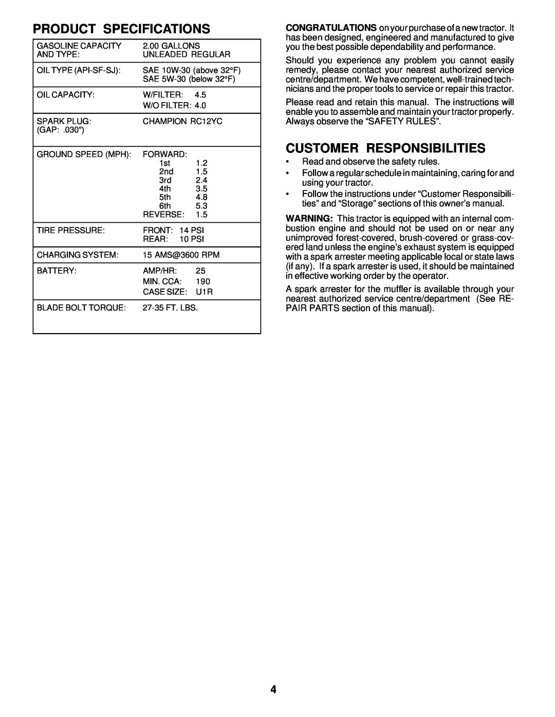 Poulan PRK17G42STA owner manual Product Specifications, Customer Responsibilities 