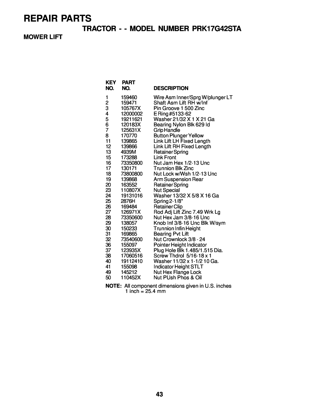 Poulan owner manual Repair Parts, TRACTOR - - MODEL NUMBER PRK17G42STA, Mower Lift, Washer 11/32 x 1-1/2 10 Ga 