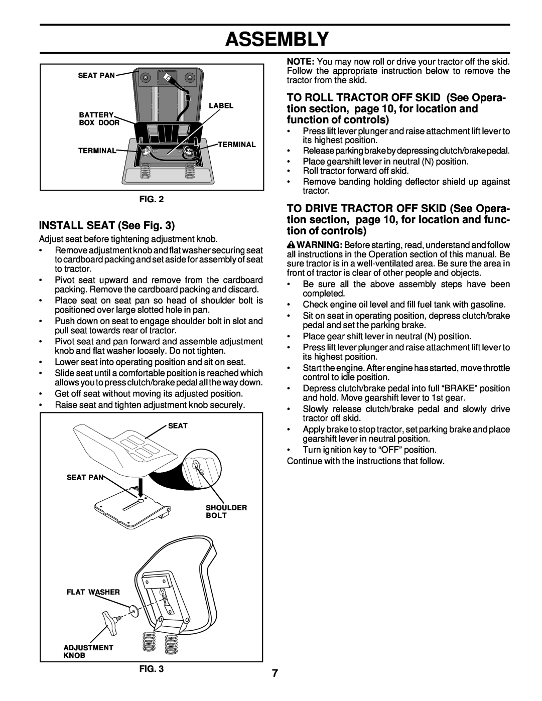 Poulan PRK17G42STA owner manual INSTALL SEAT See Fig, Assembly 