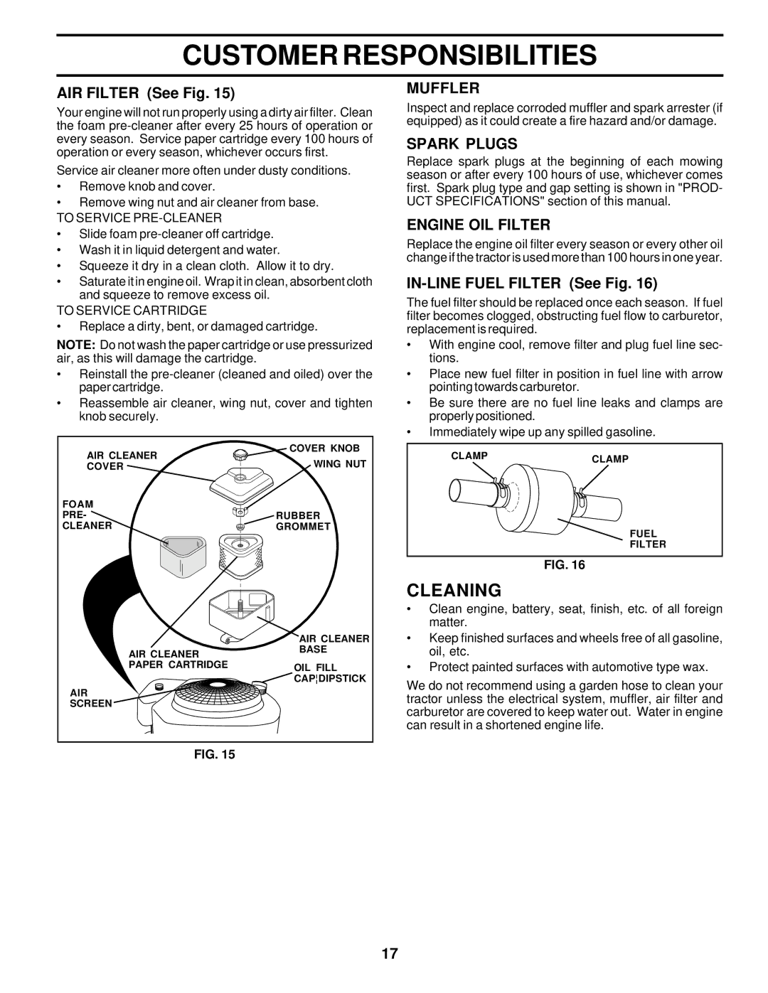 Poulan PRK17G42STB owner manual Cleaning, Muffler, Spark Plugs, Engine OIL Filter 