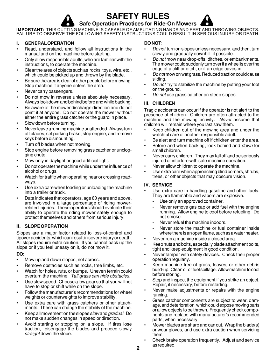 Poulan PRK17G42STB owner manual Safety Rules, Safe Operation Practices for Ride-On Mowers 