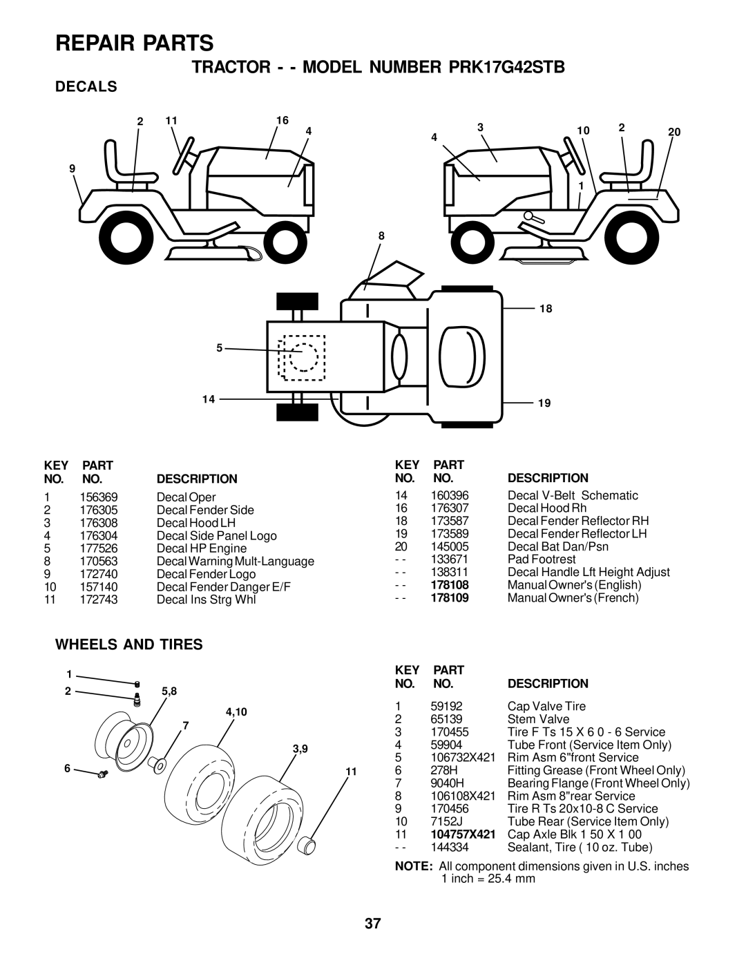 Poulan PRK17G42STB owner manual Decals, Wheels and Tires, 178108, 178109, 104757X421 