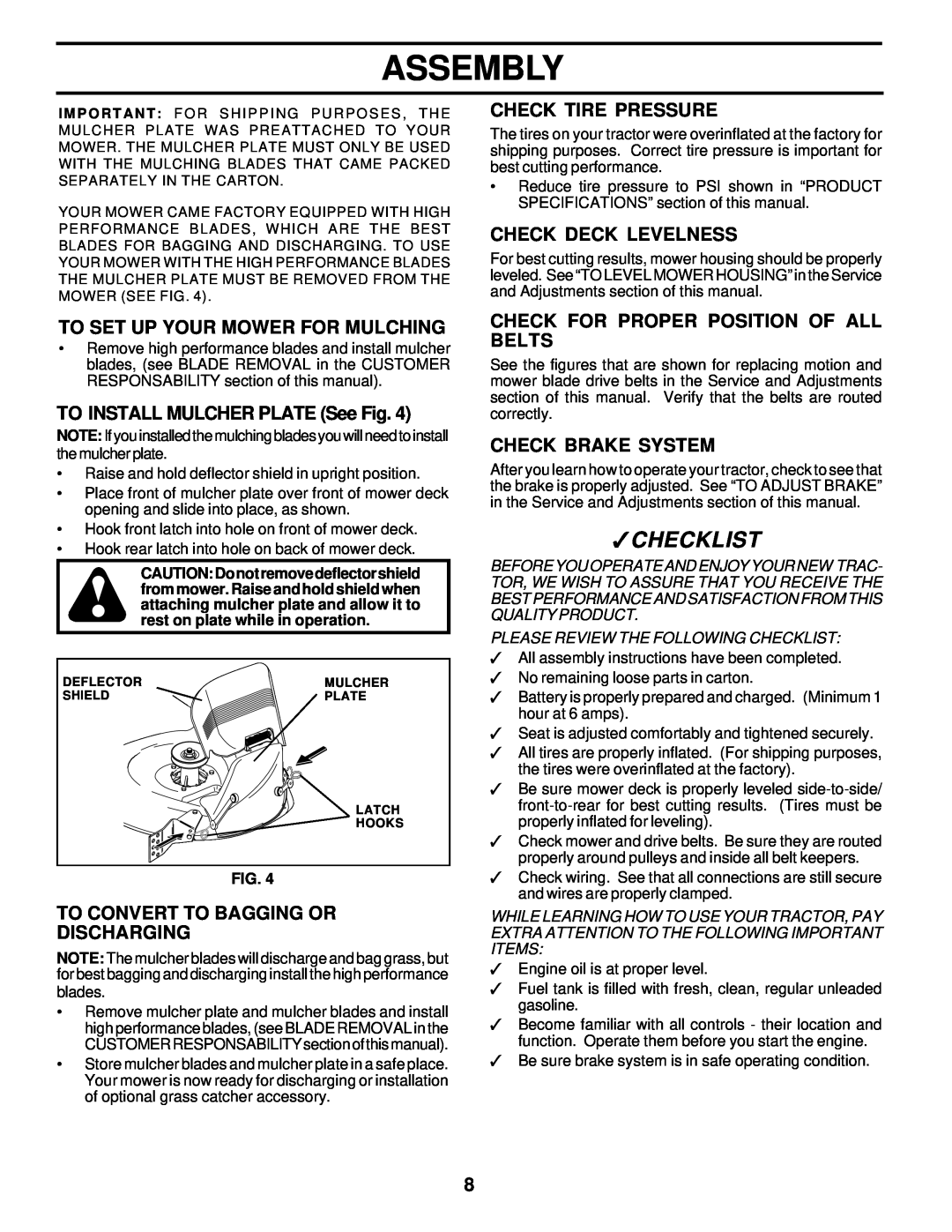 Poulan PRK17G42STB Checklist, To Set Up Your Mower For Mulching, TO INSTALL MULCHER PLATE See Fig, Check Tire Pressure 