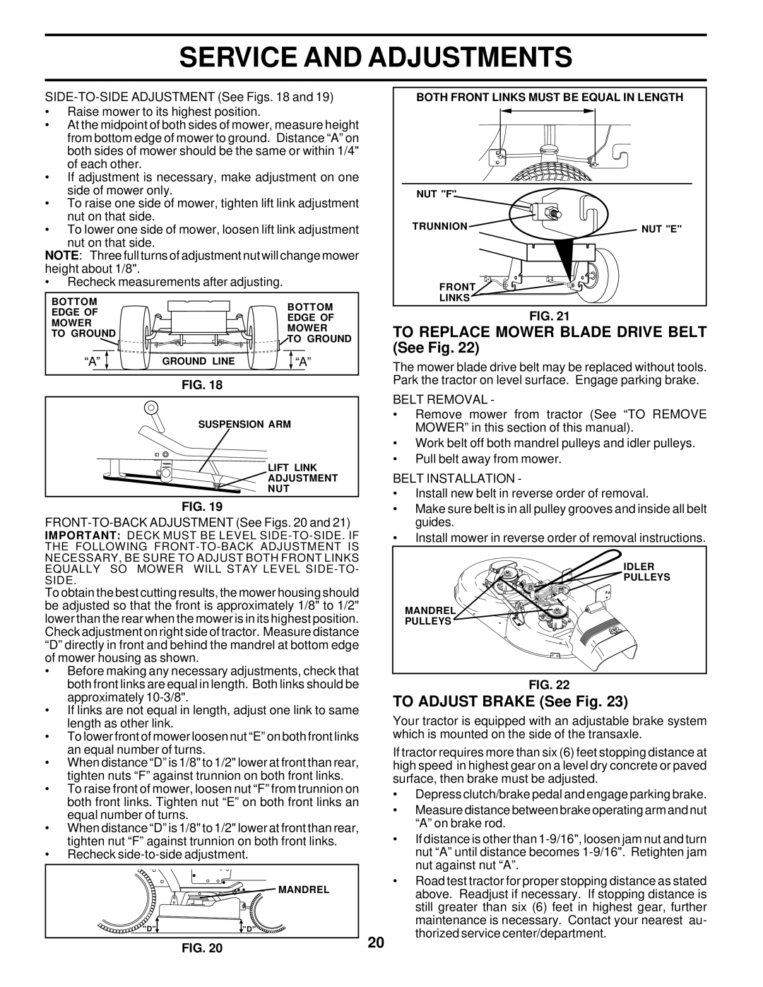 Poulan PRK17H42STA To Replace Mower Blade Drive Belt See Fig, To Adjust Brake See Fig, Belt Removal, Belt Installation 