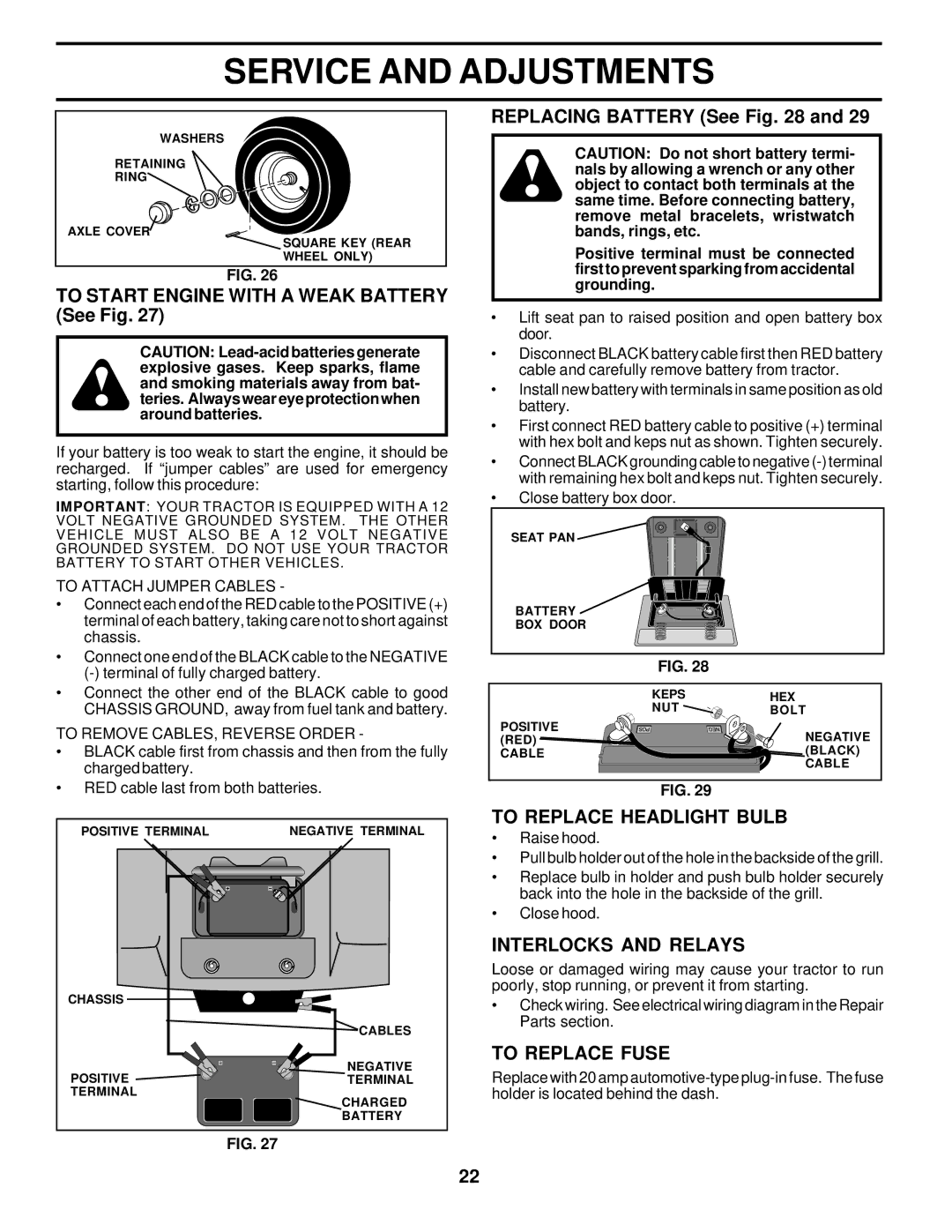 Poulan PRK17H42STA To Start Engine with a Weak Battery See Fig, Replacing Battery See, To Replace Headlight Bulb 