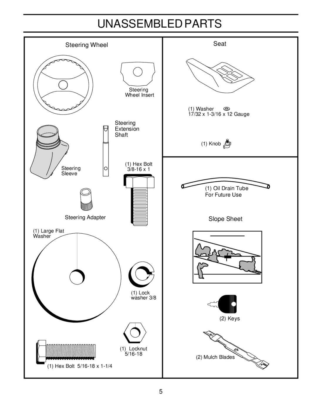 Poulan PRK17H42STA owner manual Unassembled Parts, Steering Wheel Seat, Slope Sheet 