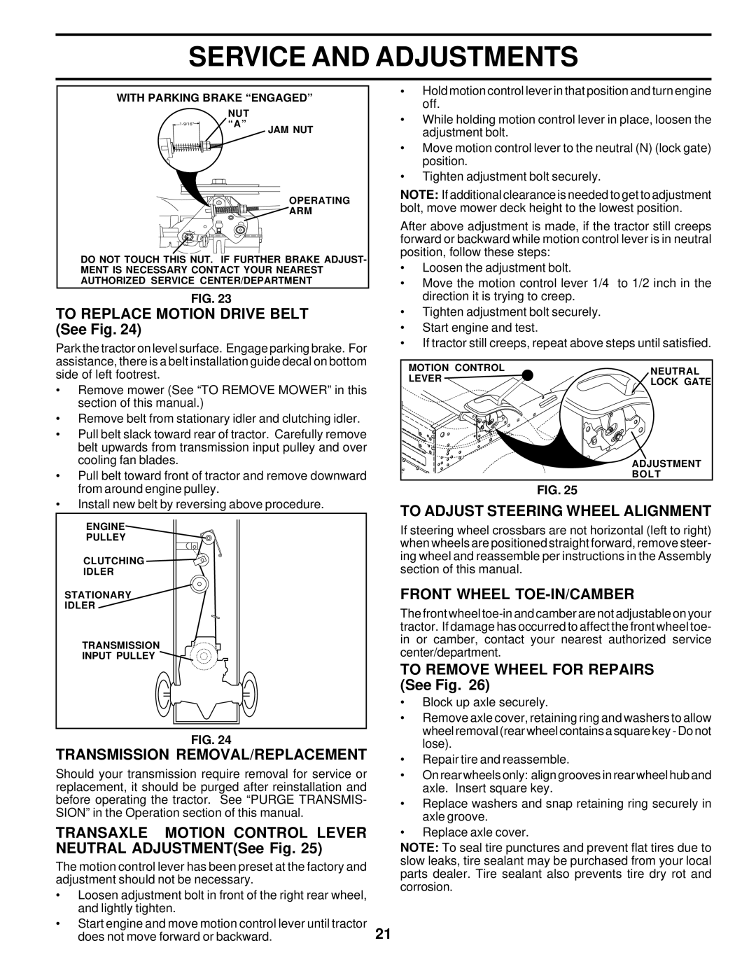 Poulan PRK17H42STB Transmission REMOVAL/REPLACEMENT, To Adjust Steering Wheel Alignment, Front Wheel TOE-IN/CAMBER 