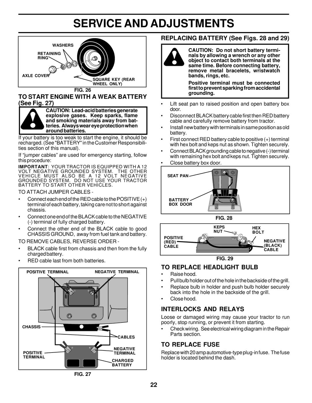 Poulan PRK17H42STB To Start Engine with a Weak Battery See Fig, Replacing Battery See Figs, To Replace Headlight Bulb 