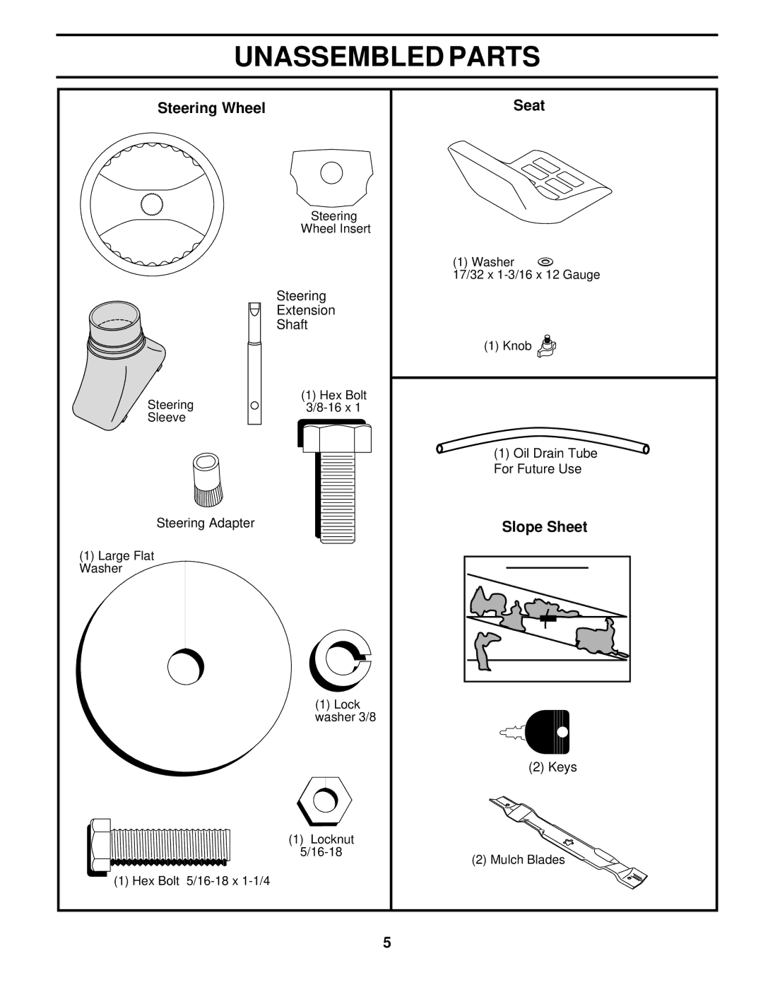 Poulan PRK17H42STB owner manual Unassembled Parts, Steering Wheel Seat, Slope Sheet 