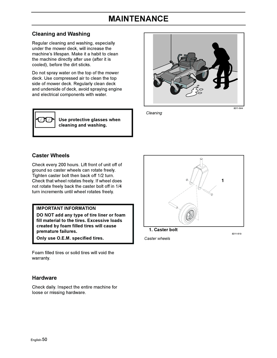 Poulan Pro 900 ZX manual Cleaning and Washing, Caster Wheels, Hardware, Use protective glasses when cleaning and washing 