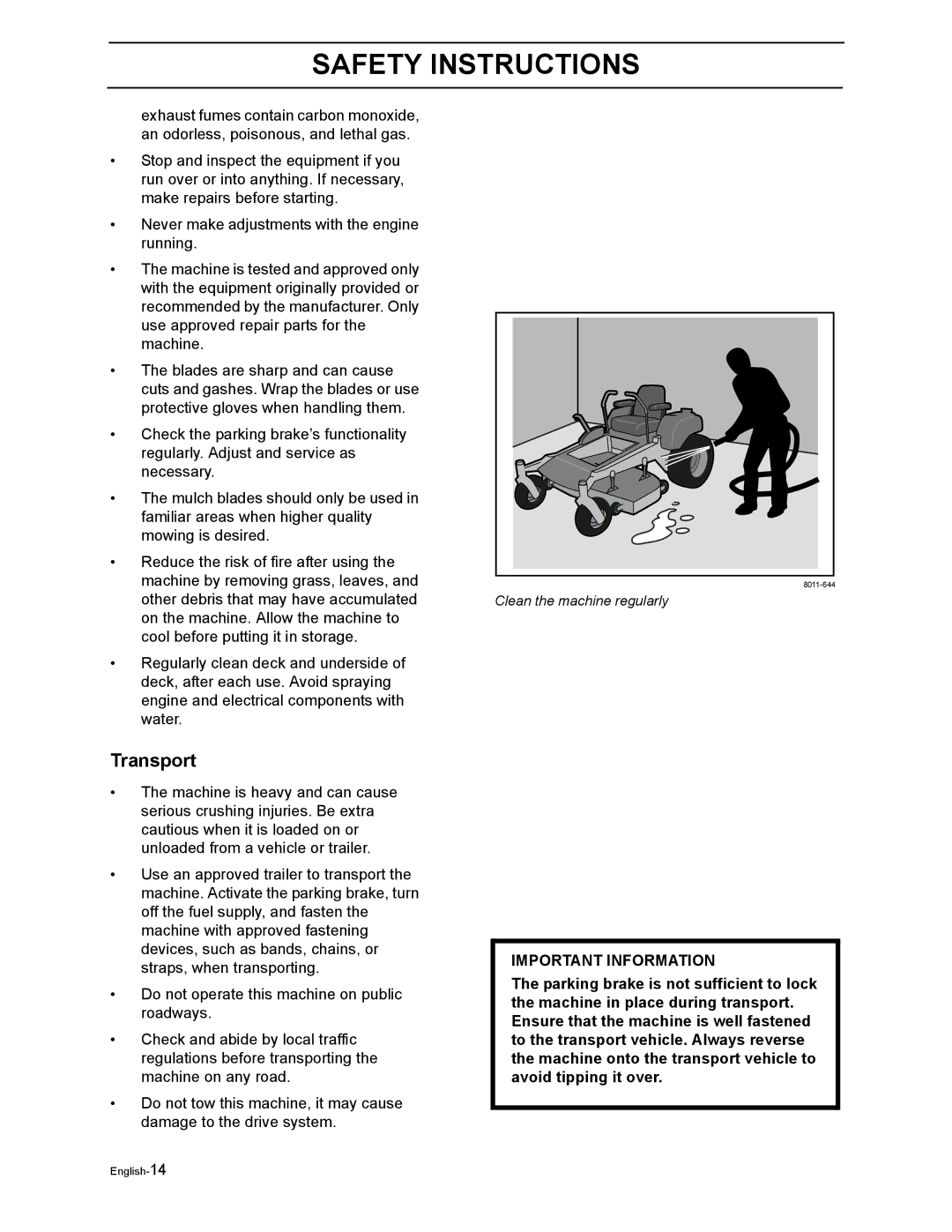 Poulan Pro 925 ZX, Pro 950 ZX manual Transport, Important Information 