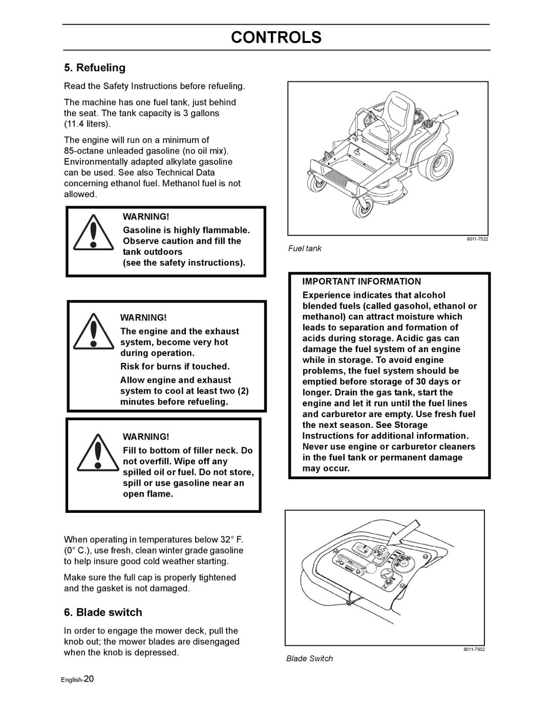 Poulan Pro 925 ZX, Pro 950 ZX manual Refueling, Blade switch 