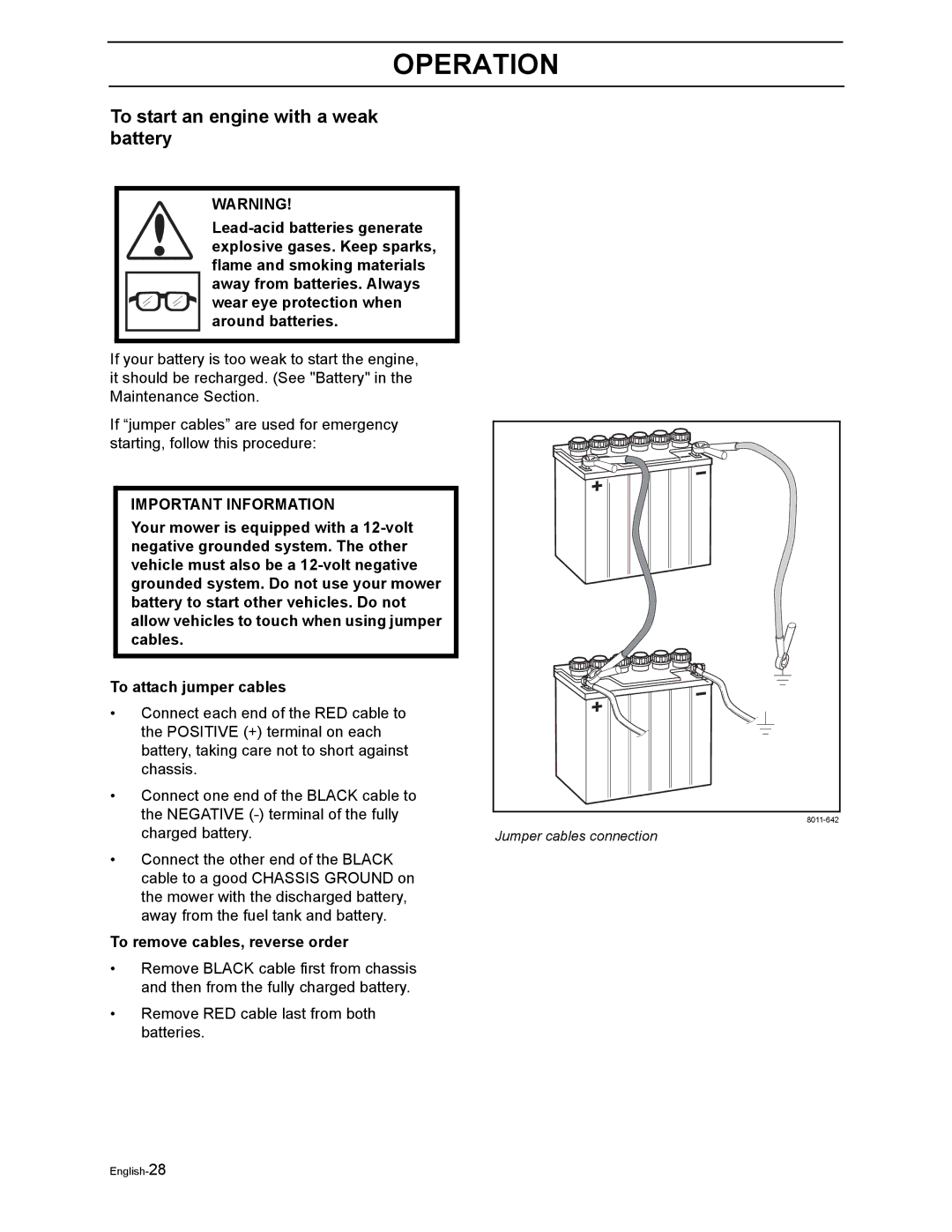 Poulan Pro 925 ZX, Pro 950 ZX manual To start an engine with a weak battery, To remove cables, reverse order 