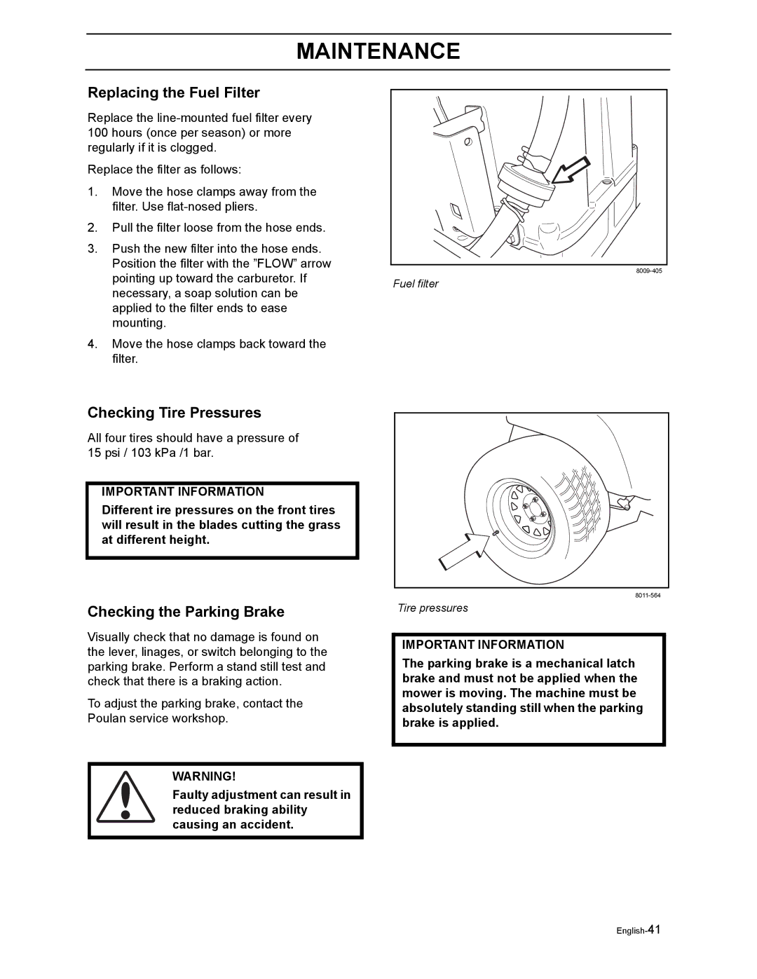 Poulan Pro 925 ZX, Pro 950 ZX manual Replacing the Fuel Filter, Checking Tire Pressures, Checking the Parking Brake 