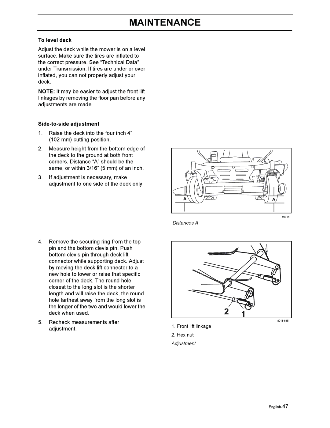 Poulan Pro 925 ZX, Pro 950 ZX manual To level deck, Side-to-side adjustment 