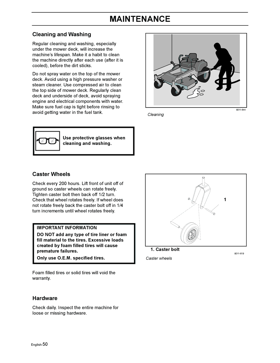 Poulan Pro 925 ZX, Pro 950 ZX manual Cleaning and Washing, Caster Wheels, Hardware, Caster bolt 