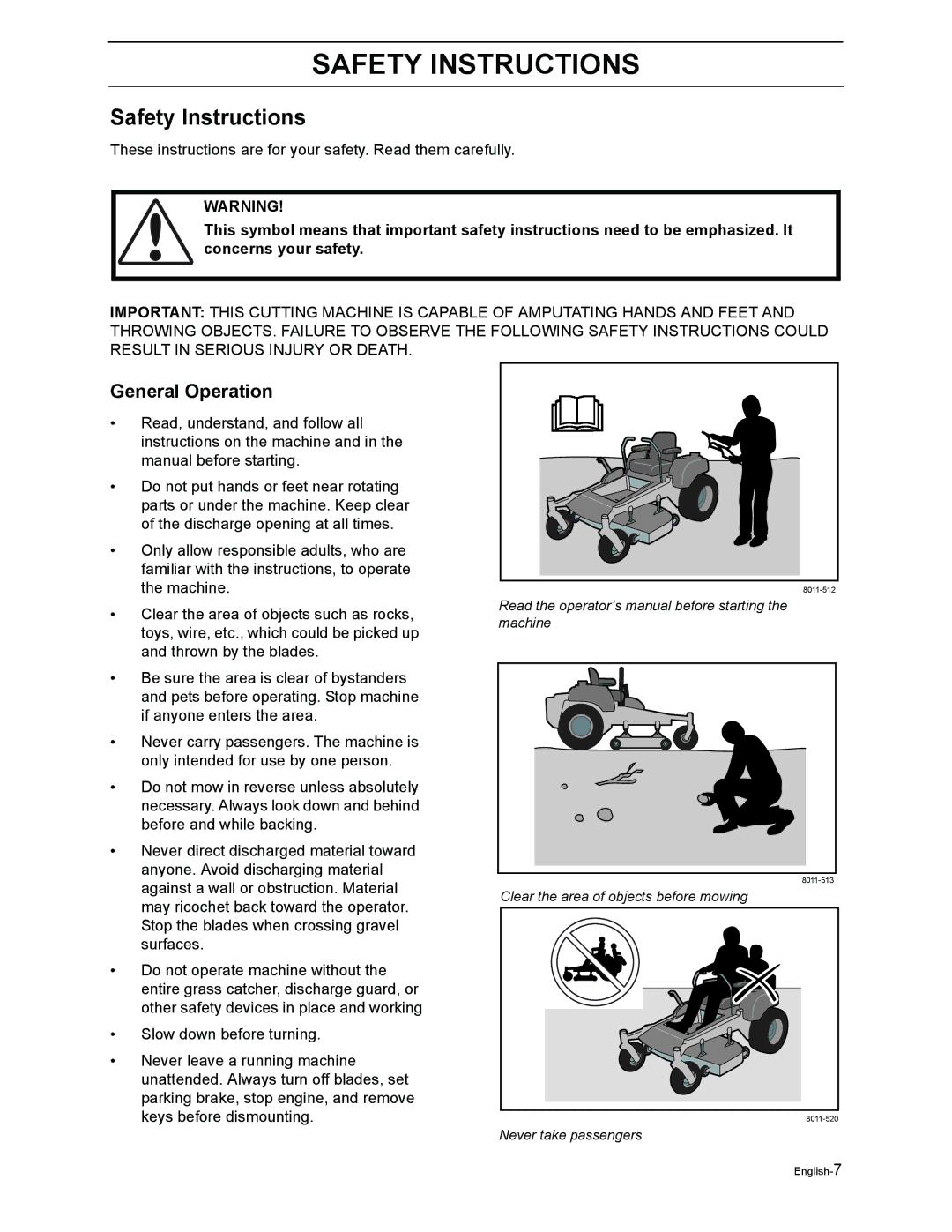 Poulan Pro 925 ZX, Pro 950 ZX manual Safety Instructions, General Operation 