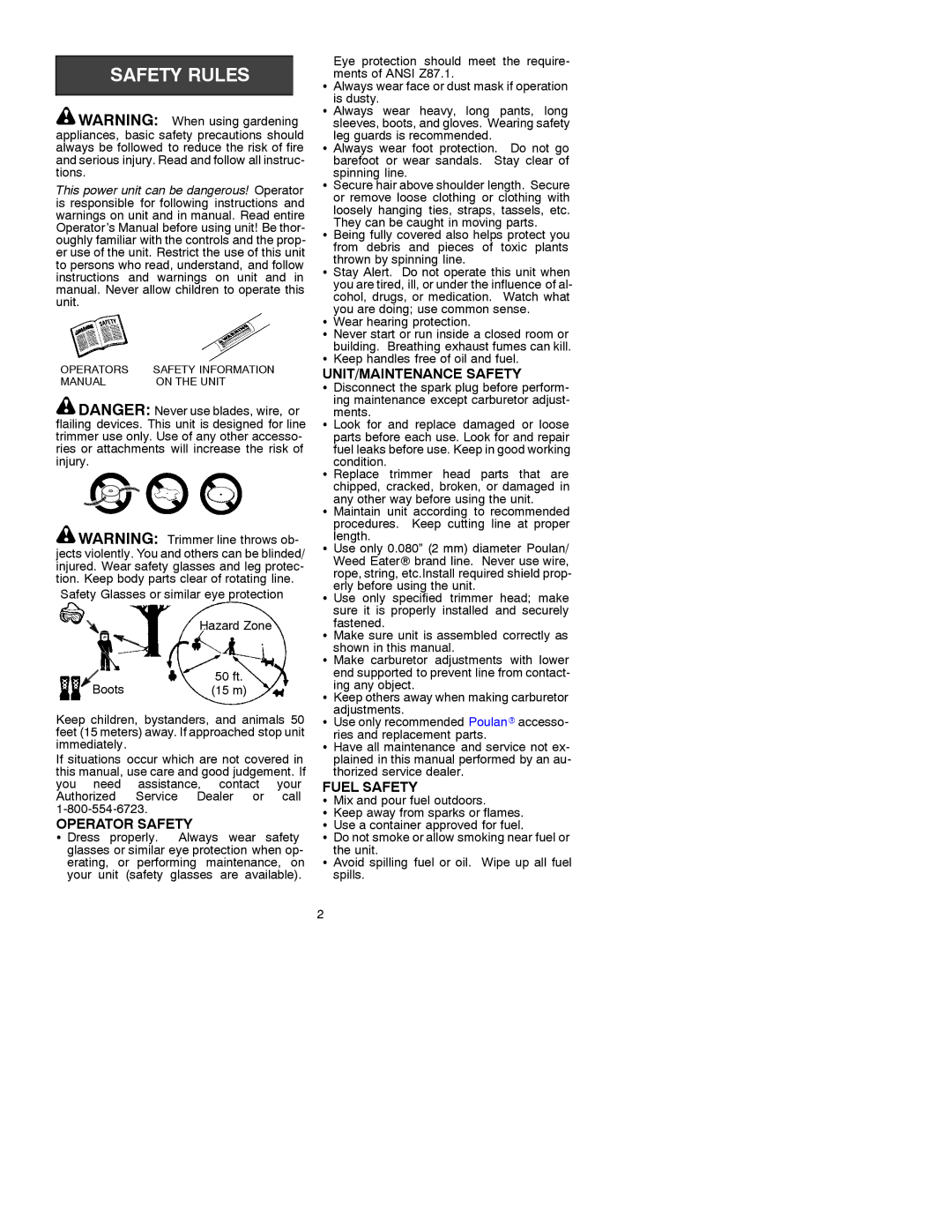 Poulan PRO TRIM PT 17 manual Operator Safety, UNIT/MAINTENANCE Safety, Fuel Safety 