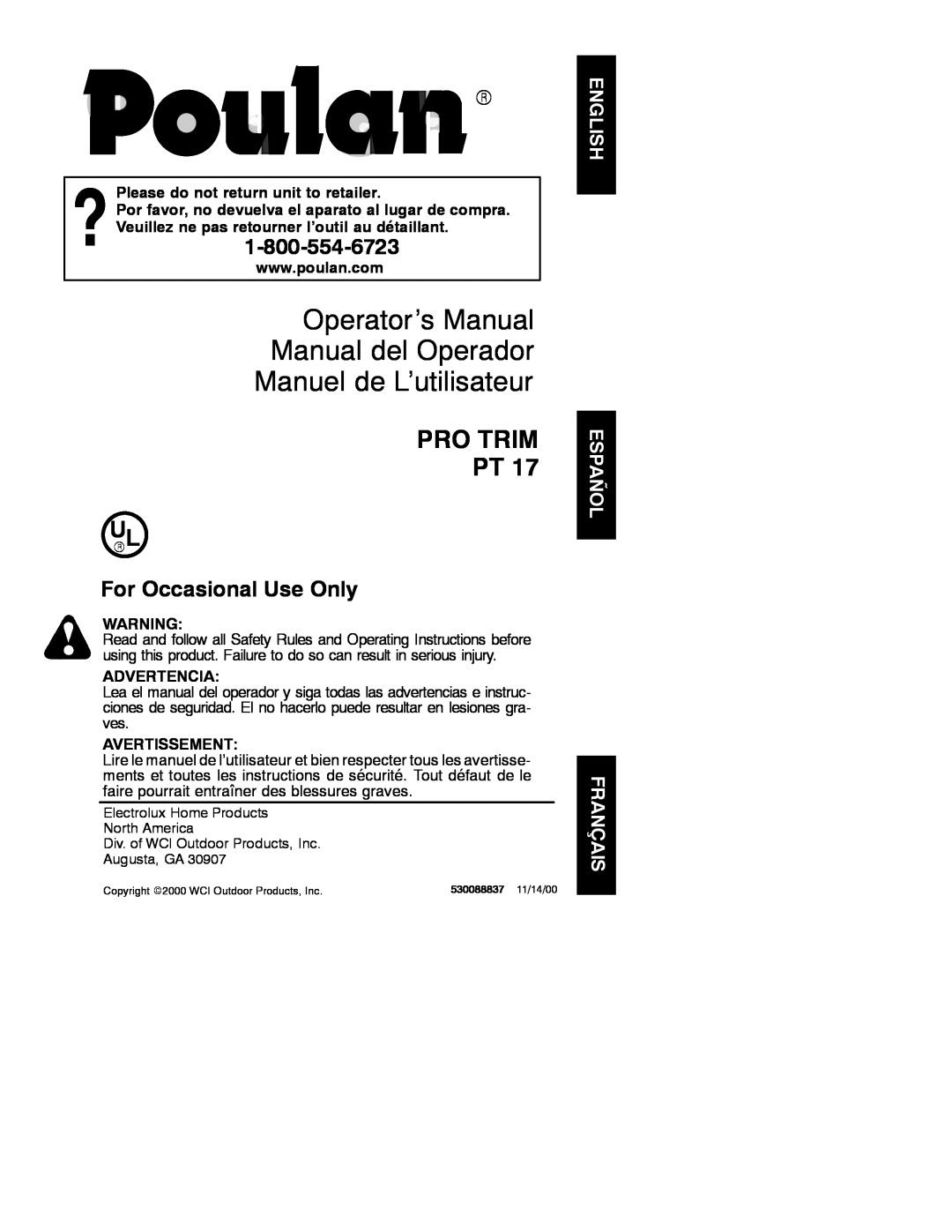Poulan PRO TRIM PT 17 manual Operator’s Manual Manual del Operador, Manuel de L’utilisateur, Pro Trim Pt, Advertencia 