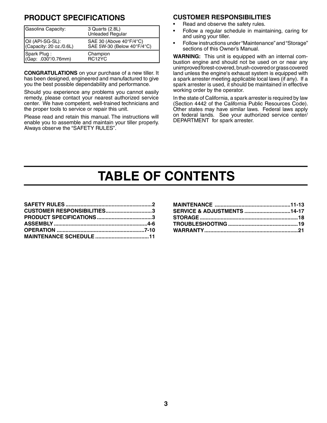 Poulan PRRT65 manual Table of Contents 