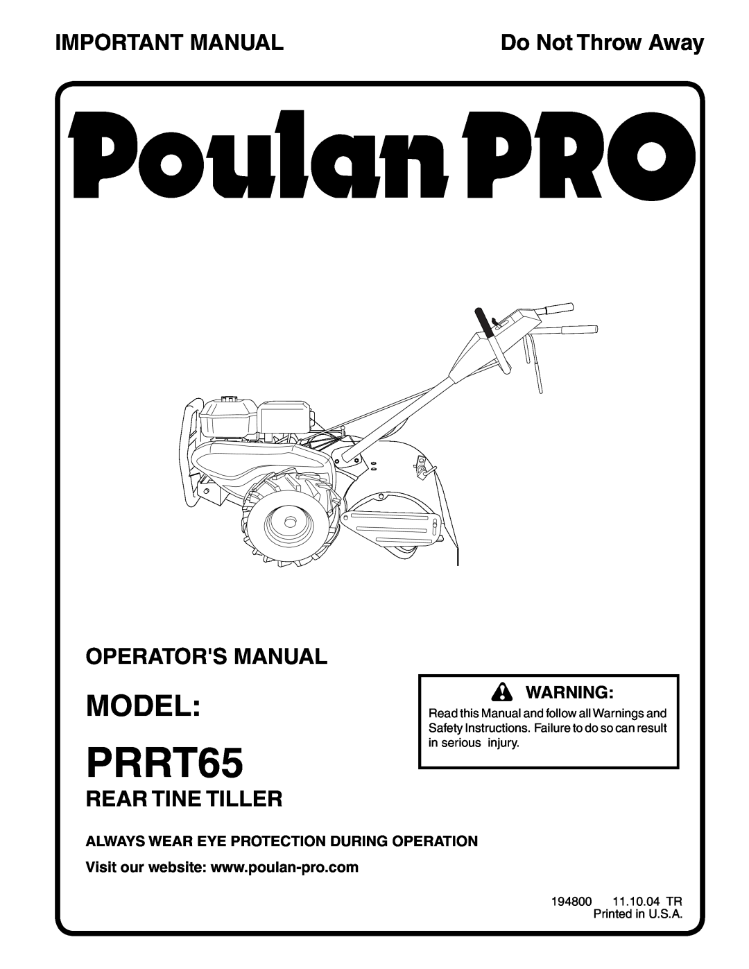 Poulan PRRT65 manual Model, Important Manual, Operators Manual, Rear Tine Tiller, Do Not Throw Away 