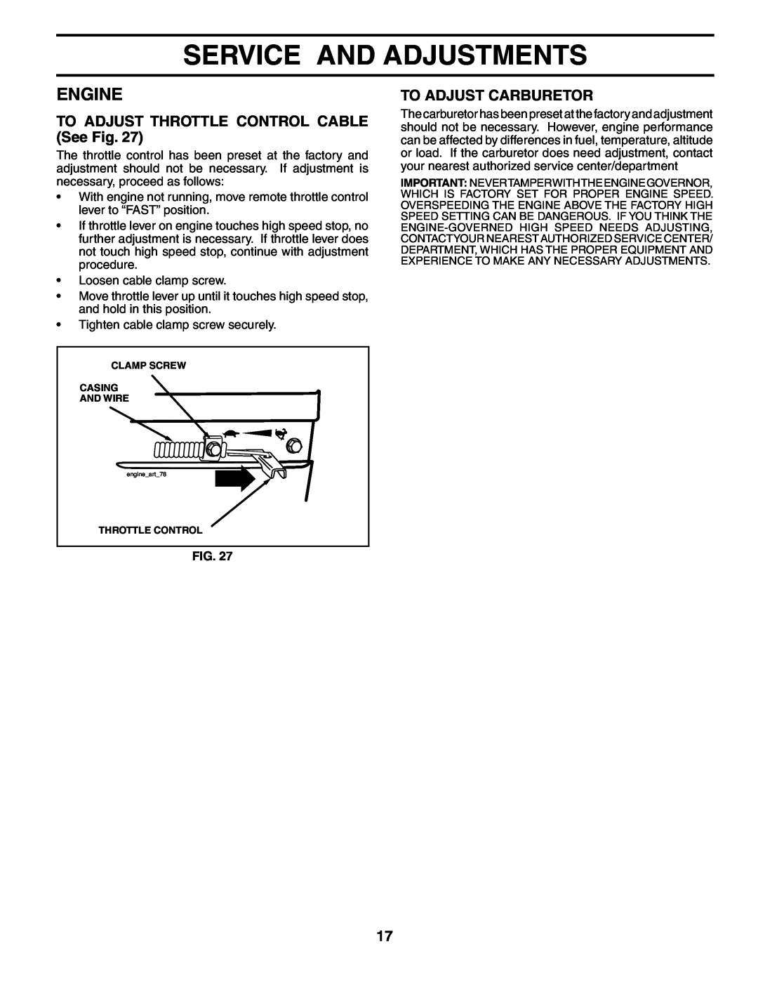 Poulan PRRT65 manual TO ADJUST THROTTLE CONTROL CABLE See Fig, To Adjust Carburetor, Service And Adjustments, Engine 