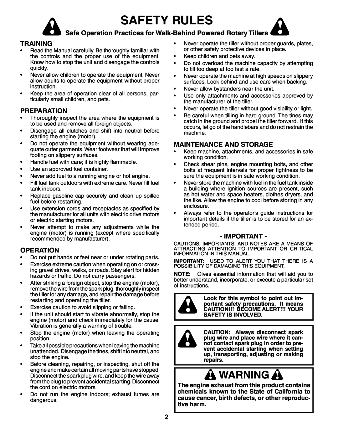 Poulan PRRT65 manual Safety Rules, Safe Operation Practices for Walk-Behind Powered Rotary Tillers, Training, Preparation 