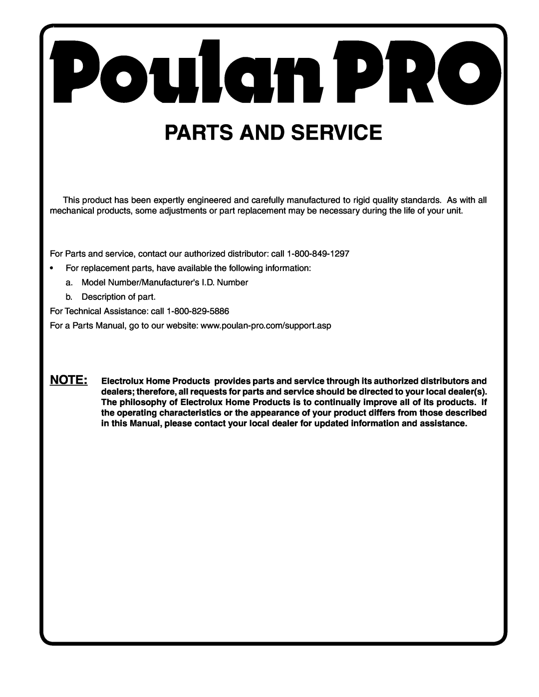 Poulan PRRT65 manual Parts And Service 
