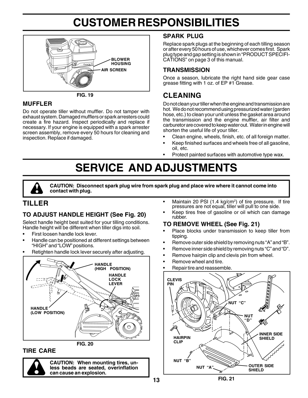 Poulan PRRT65A manual Service and Adjustments, Cleaning, Tiller 