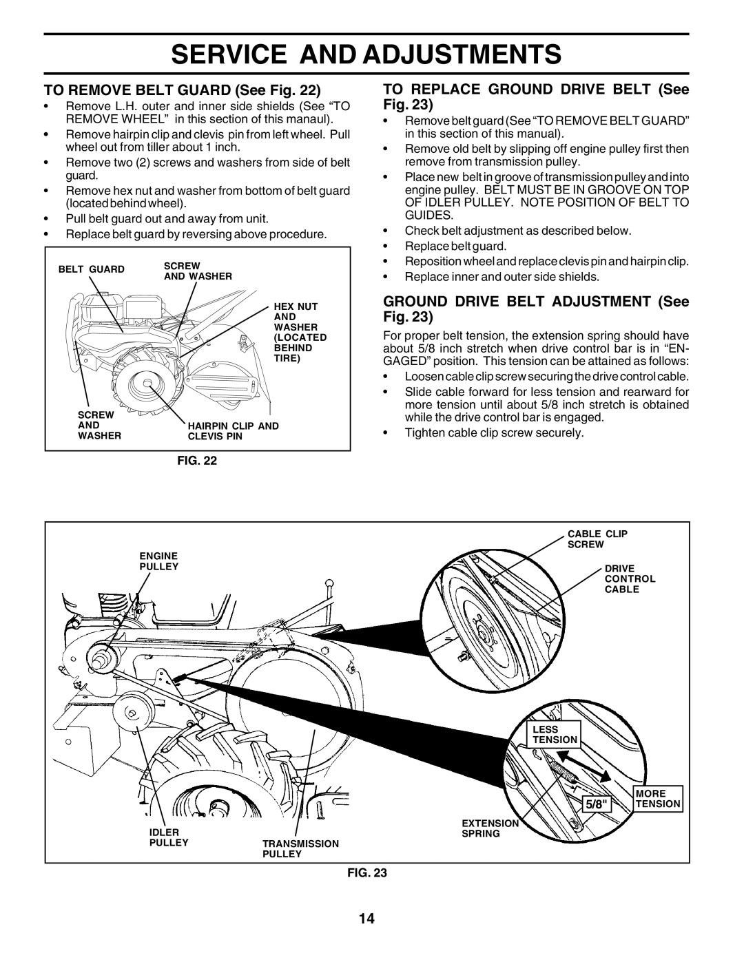 Poulan PRRT65A To Remove Belt Guard See Fig, To Replace Ground Drive Belt See Fig, Ground Drive Belt Adjustment See Fig 