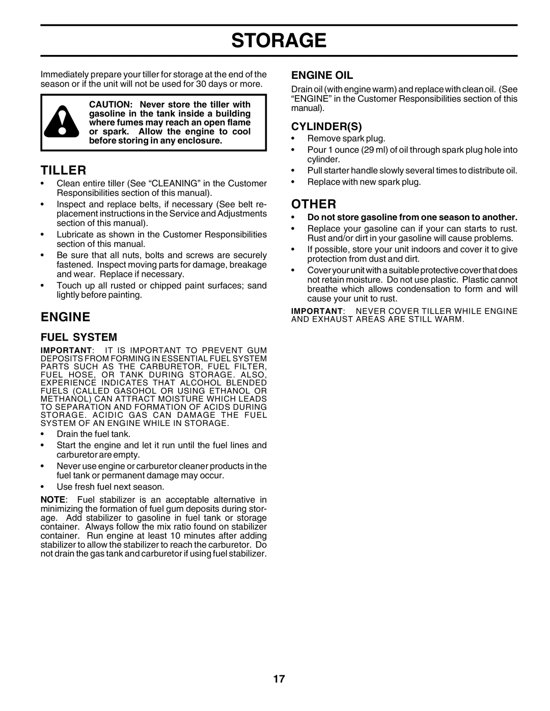 Poulan PRRT65A manual Storage, Other, Fuel System, Engine OIL, Cylinders 